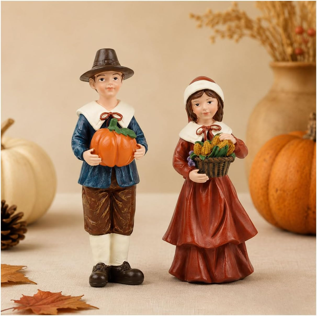 2 PCS Thanksgiving Pilgrim Couple Pumpkin Figurines