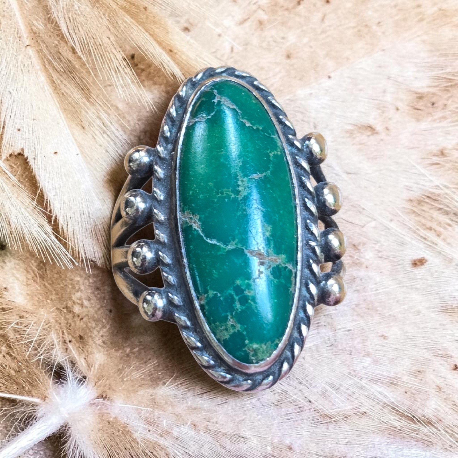 Old Pawn Antique Navajo Ring .900 Coin Silver and Deep Green Turquoise Size 6 ½