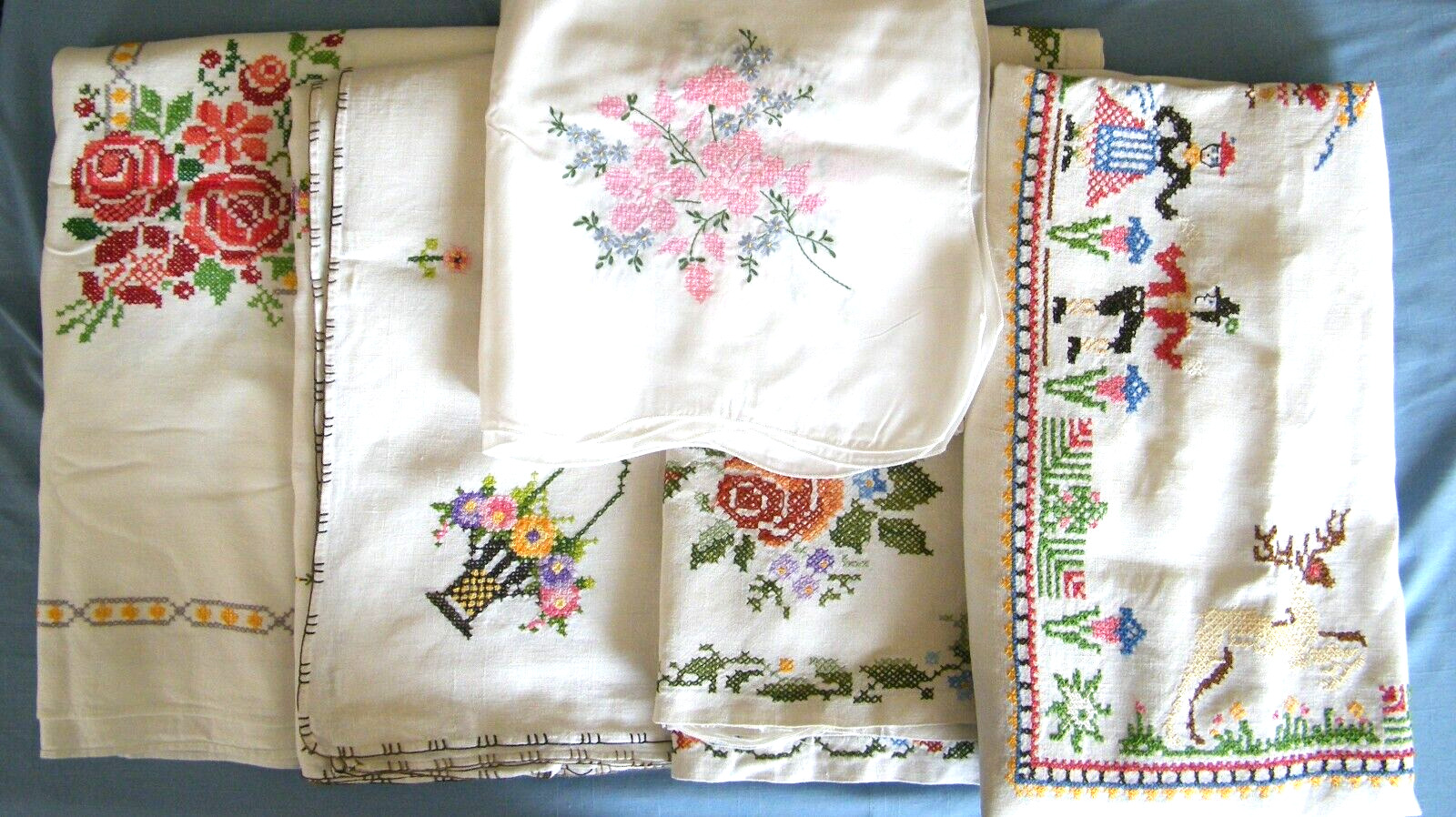 Vintage Lot of 5  Embroidered Cotton Tablecloths ~ Floral, Dancers