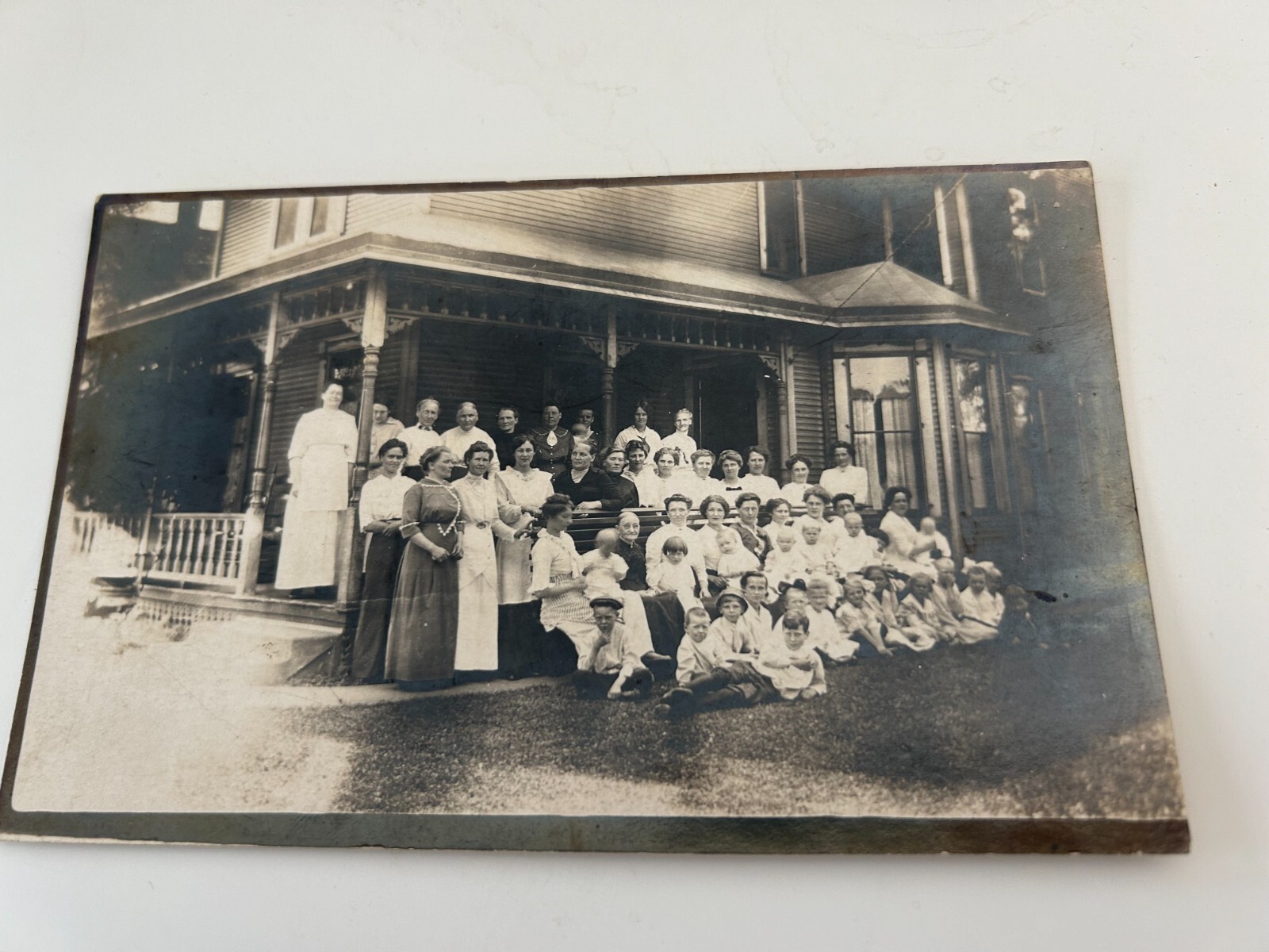 Large Group in Front of Old House RPPC Postcard