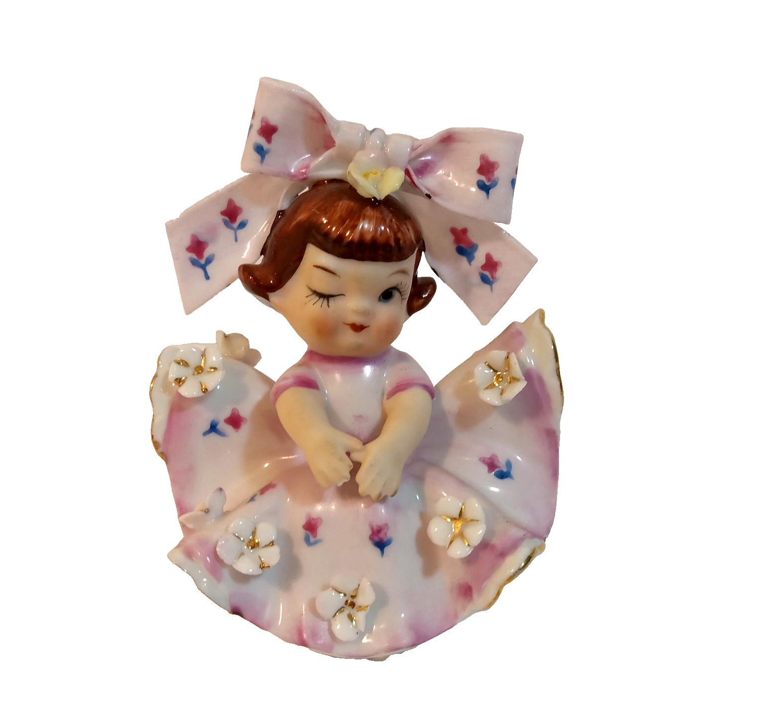 Lefton Girl Figurine Pink Gold White Flowers Blooming Dress Big Bow Winking