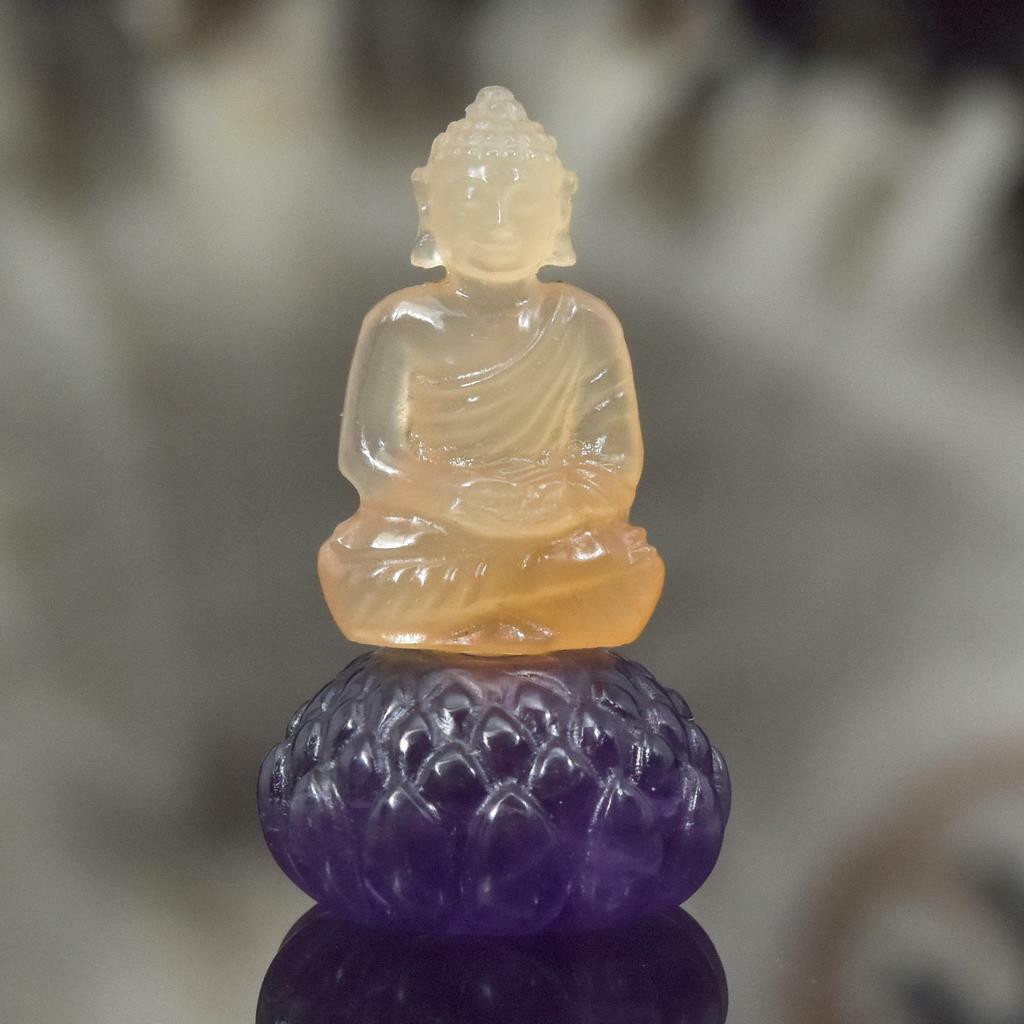 Buddha Sculpture Yellow Jade Calcite & Purple Amethyst Gemstone Carving 4.75 g