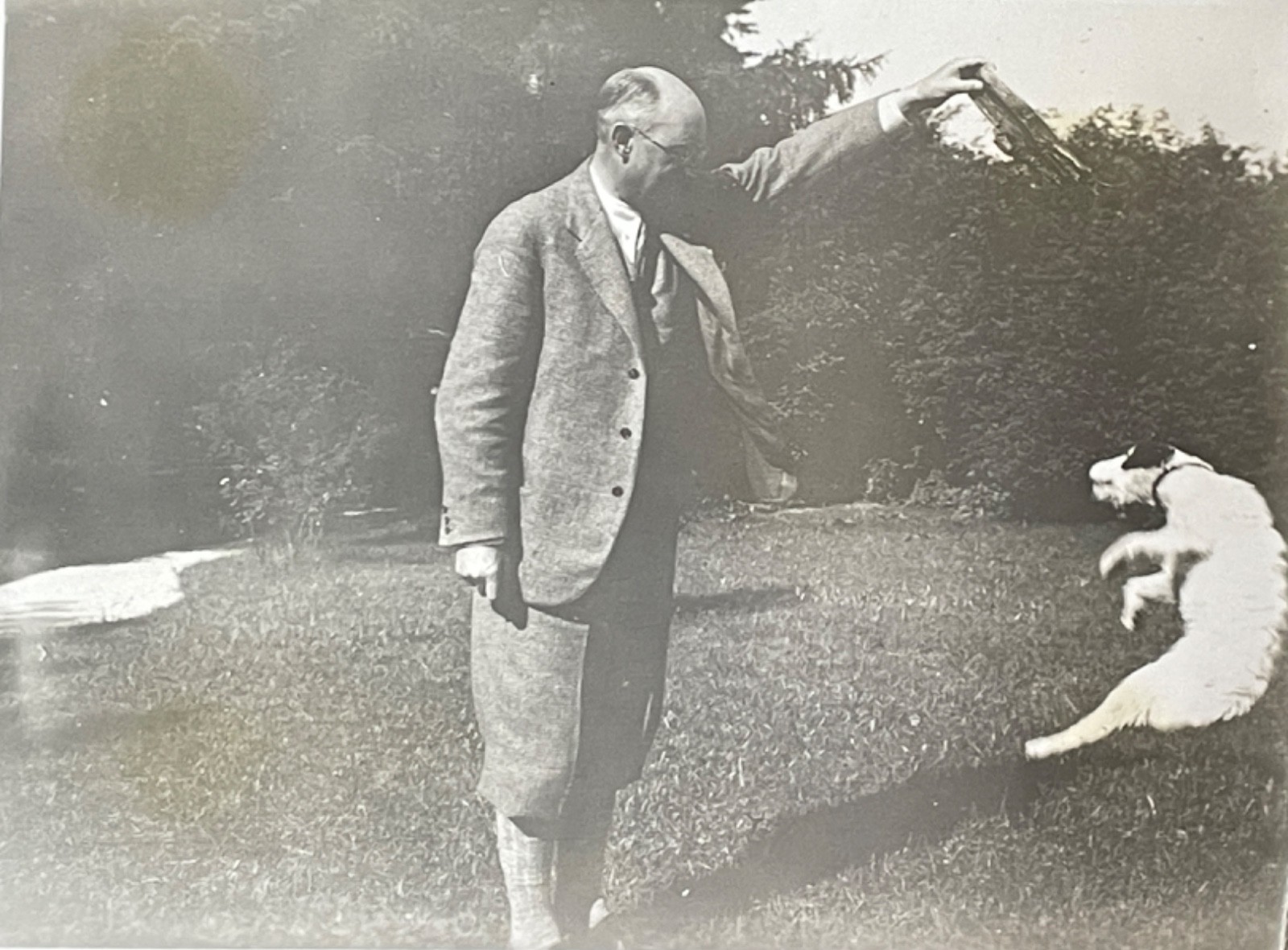 Vintage 1920s Photos Man Playing With Jumping Dog Funny Snapshot Photograph Pair