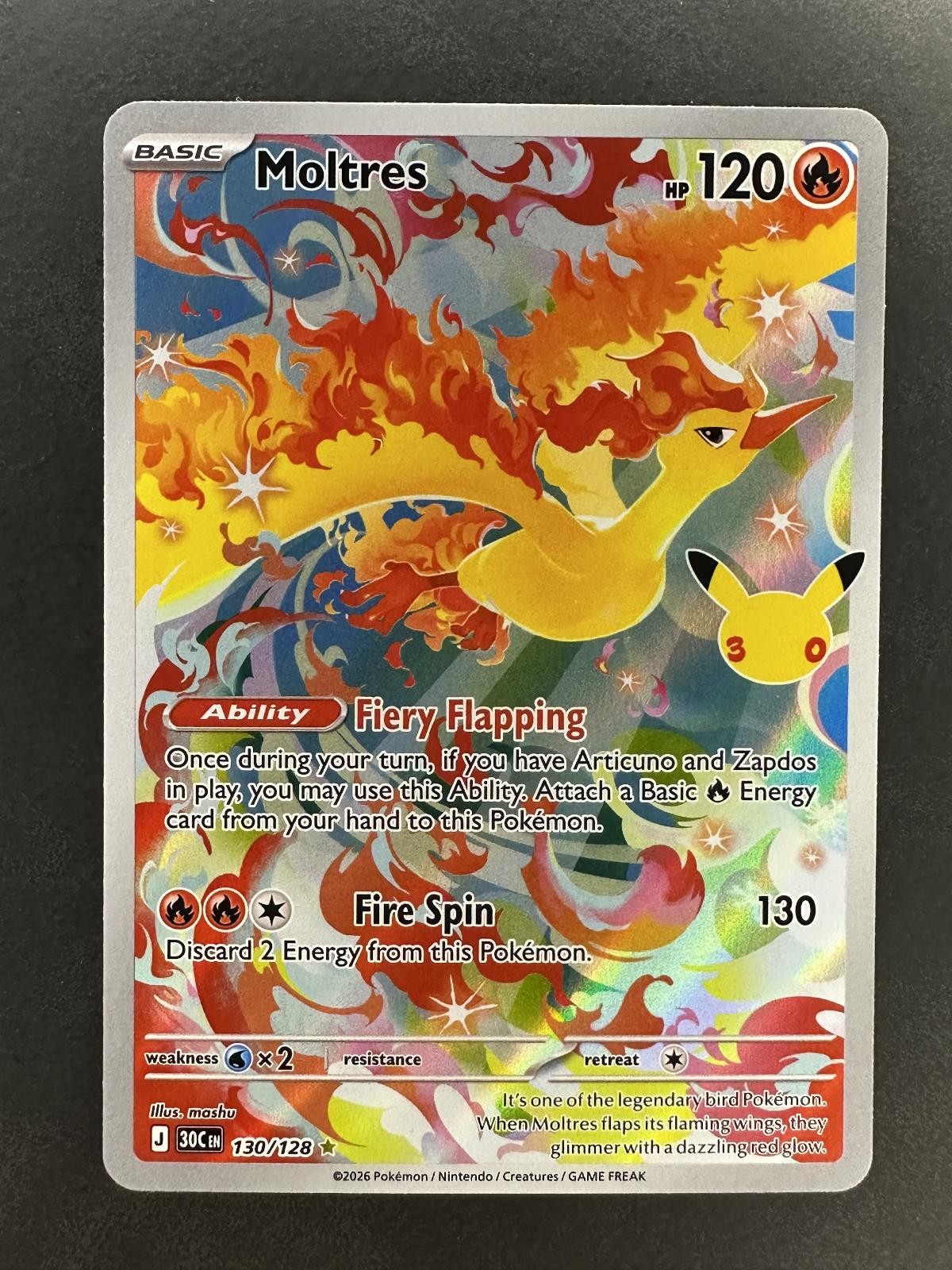 MOLTRES 130/128 ILLUSTRATION RARE ME: 30TH CELEBRATION POKEMON HOLO NM