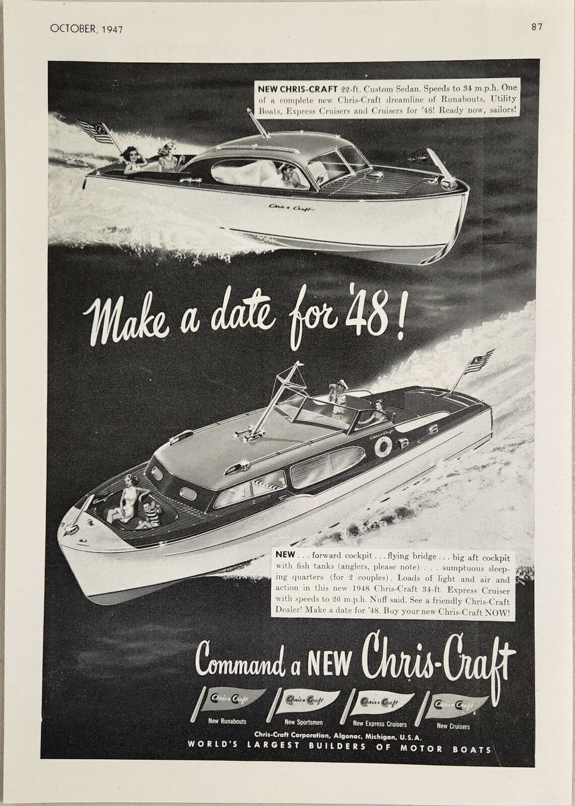 1947 Print Ad Chris-Craft 22\' Custom Sedan & 34\' Express Algonac,Michigan