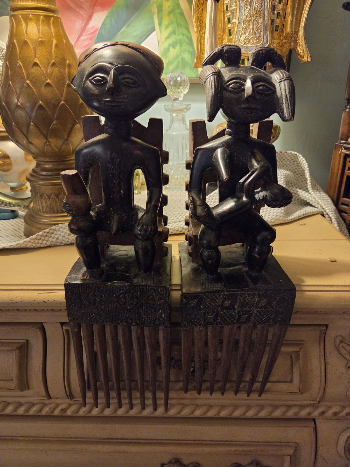 Ashanti African Carved Wood Folk Art Mother W/Child And Father Lot Of 2 Pair