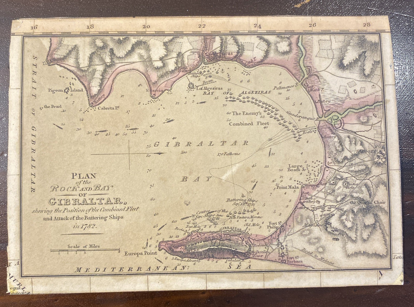 1782 Antique Map GIBRALTAR Great Siege Naval Battle Fleet Battering Ships