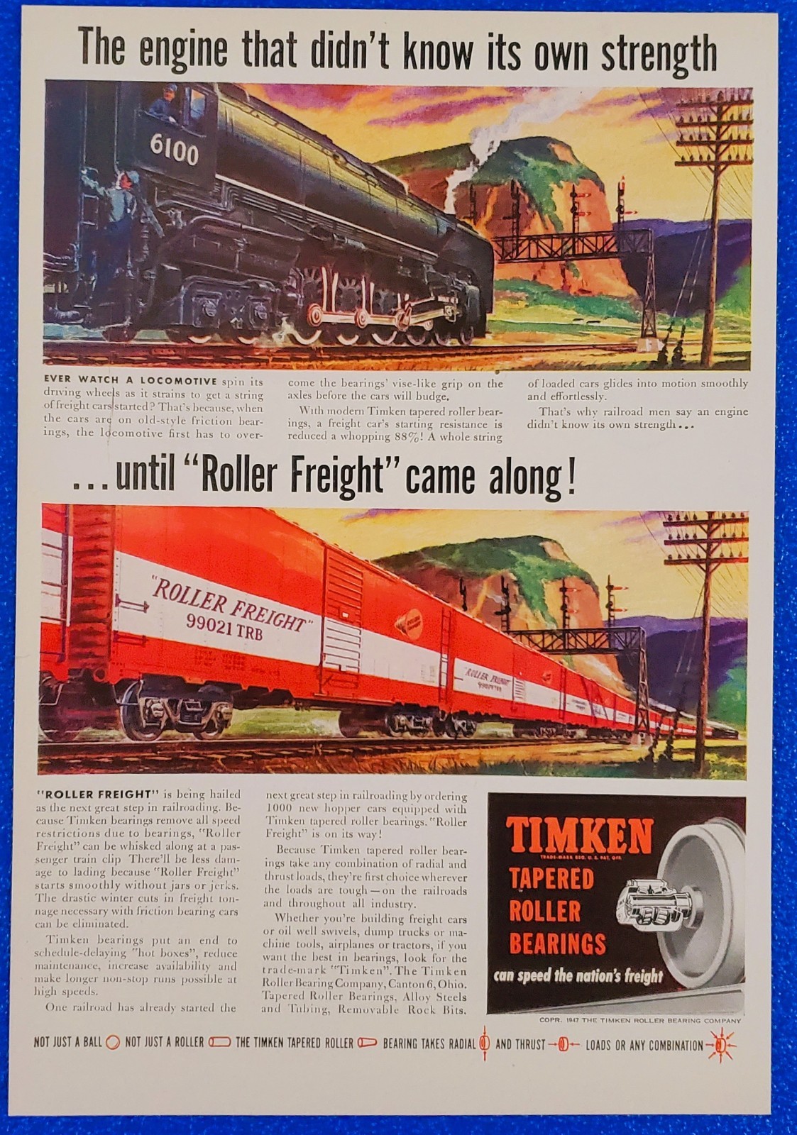 1947 Timken Roller Bearings Train Locomotive Vintage Print Ad Roller Freight