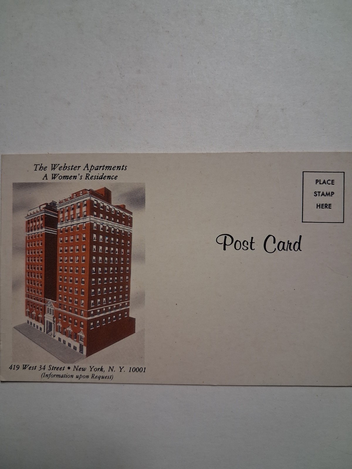 1940s-50s THE WEBSTER APARTMENT Women's RESIDENCE NEW YORK CITY Postcard