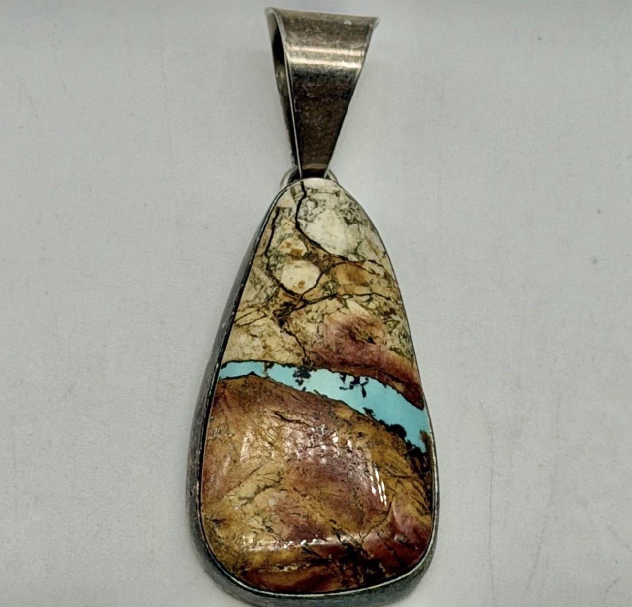 VTG John  Delvin Native American Navajo STERLING Boulder Turquoise Pendant 9 G