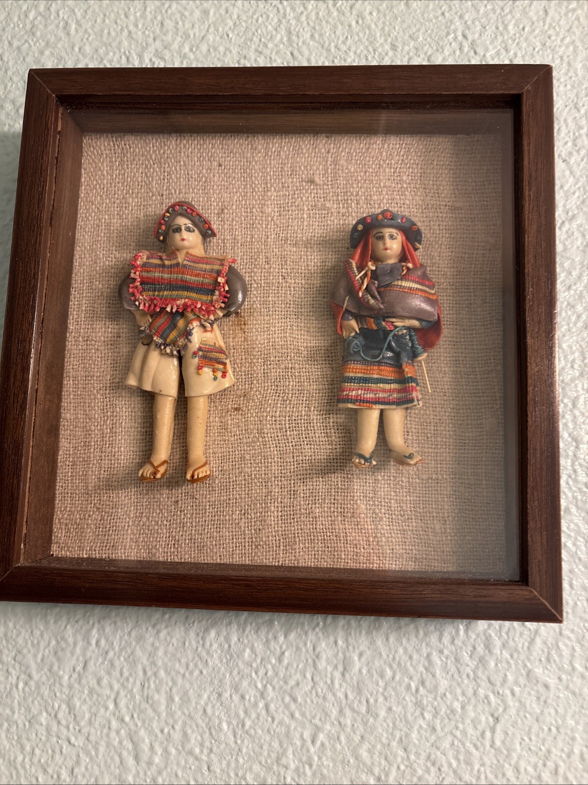 Pair Of 2 Vintage  BOLIVIAN  DOLLS REGIONAL FOLK ART Handmade In 1970 Framed