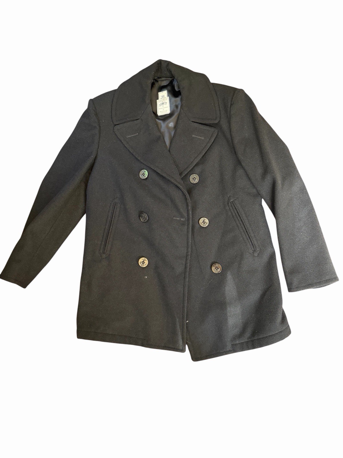 Vtg Sterlingwear DSCP Black Wool PeaCoat Overcoat Military USN Navy Jacket 42R