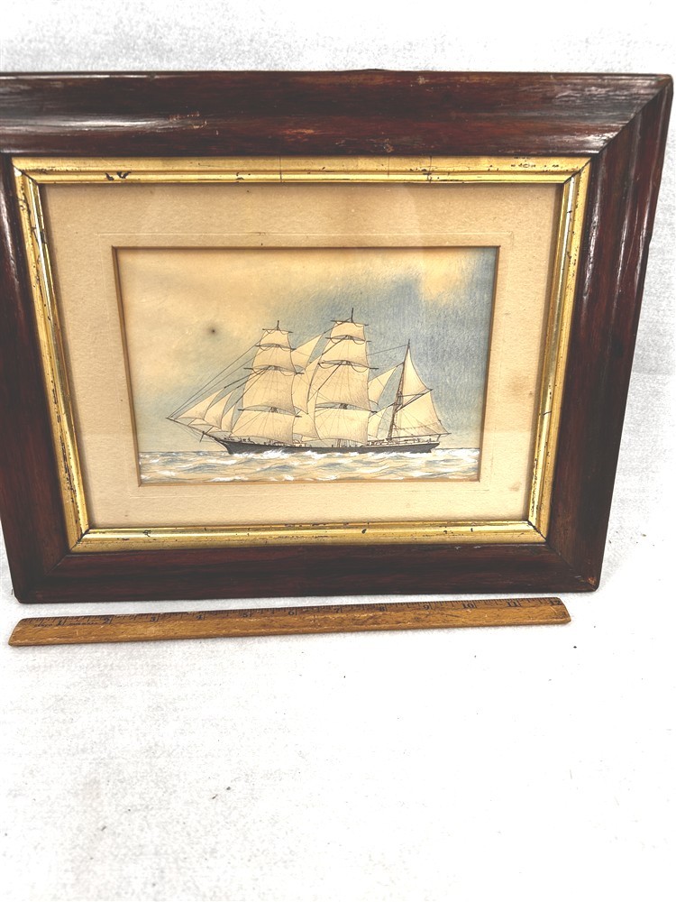antique framed sailing ship pen and watercolor painting schooner LD Lovell 1879