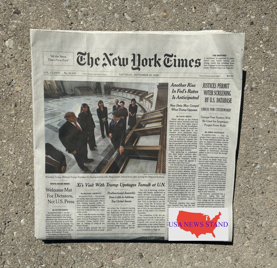 NEW YORK TIMES - SATURDAY SEPT 26, 2026 (TRUMP - XI VISIT US NATIONAL ARCHIVES)