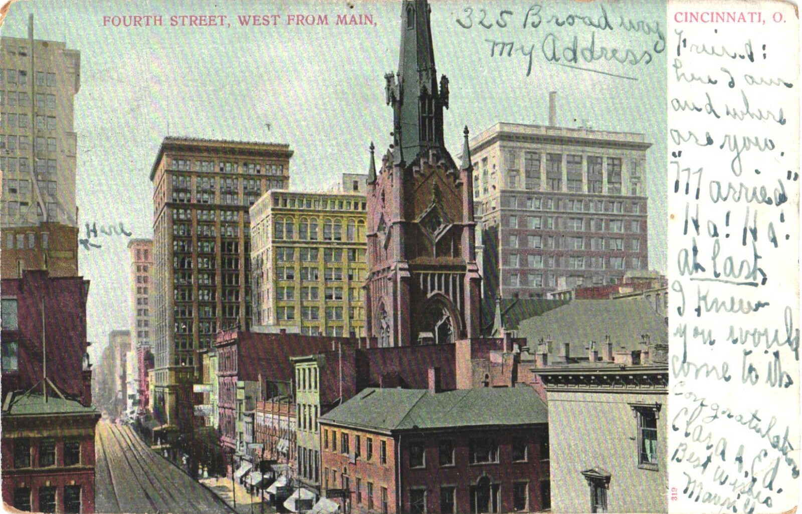 Cincinnati OH Fourth Street West from Main Undivided Back Postcard c1907 Posted