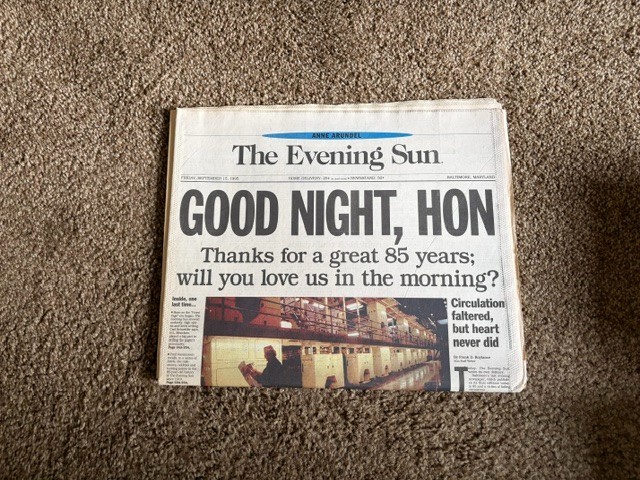 The Baltimore Evening Sun Newspaper Final Edition Friday, Sept. 15, 1995