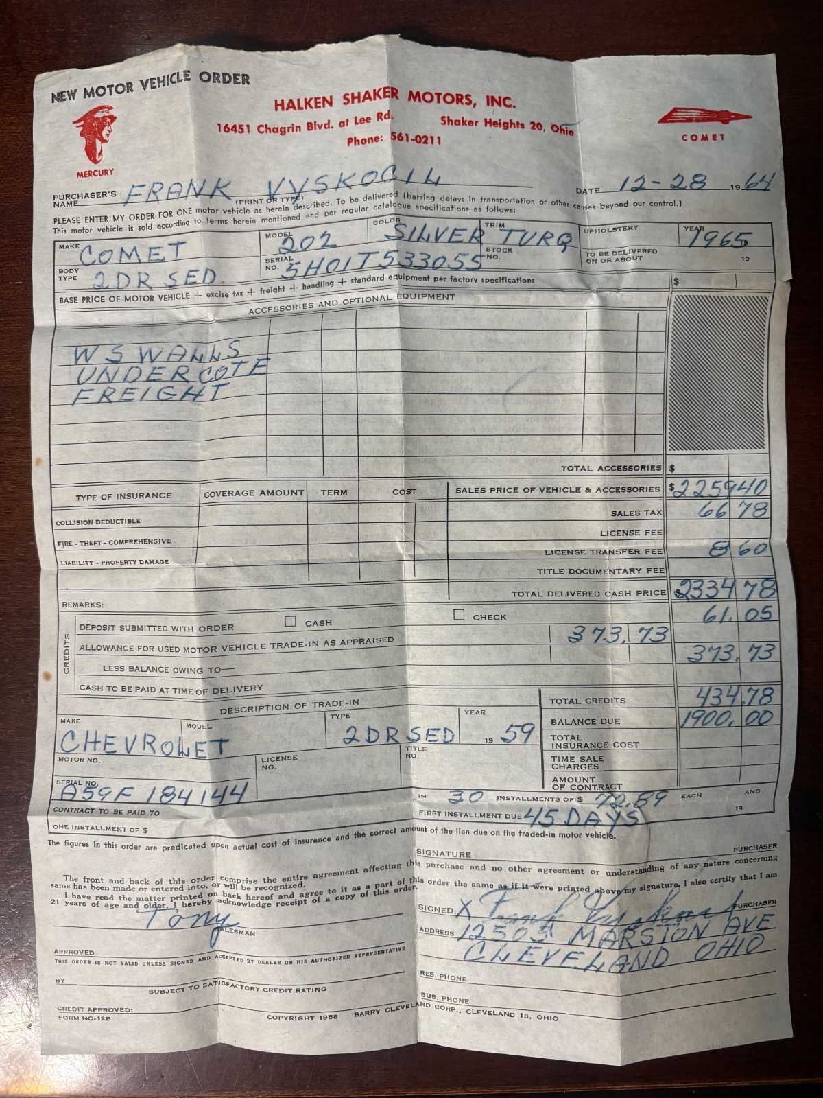 Vintage Ohio OH 1965 Chevrolet Comet Auto Purchase Order Form - RARE