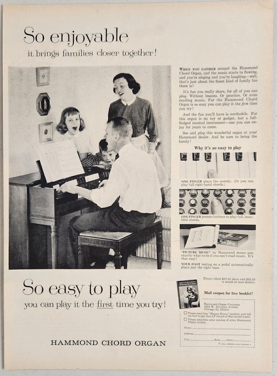 1959 Print Ad Hammond Chord Organs Family Listens to Dad Chicago.Illinois