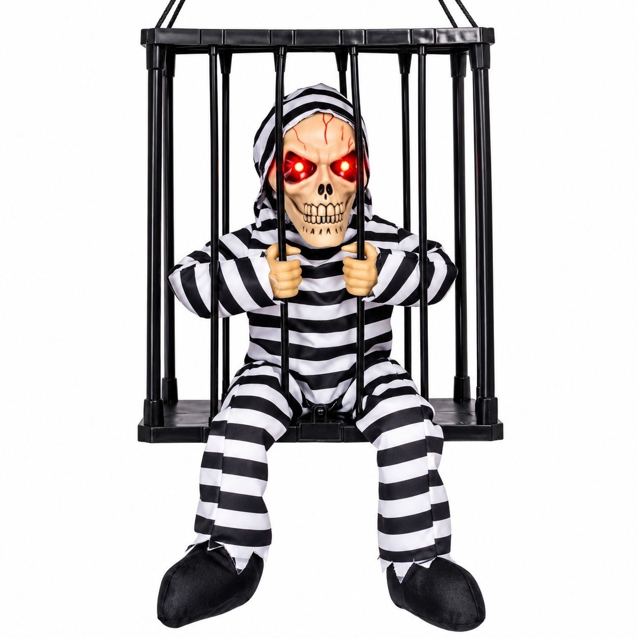 Halloween Decor Hanging Skeleton Prisoner Cage LED Eyes Haunted House Prop