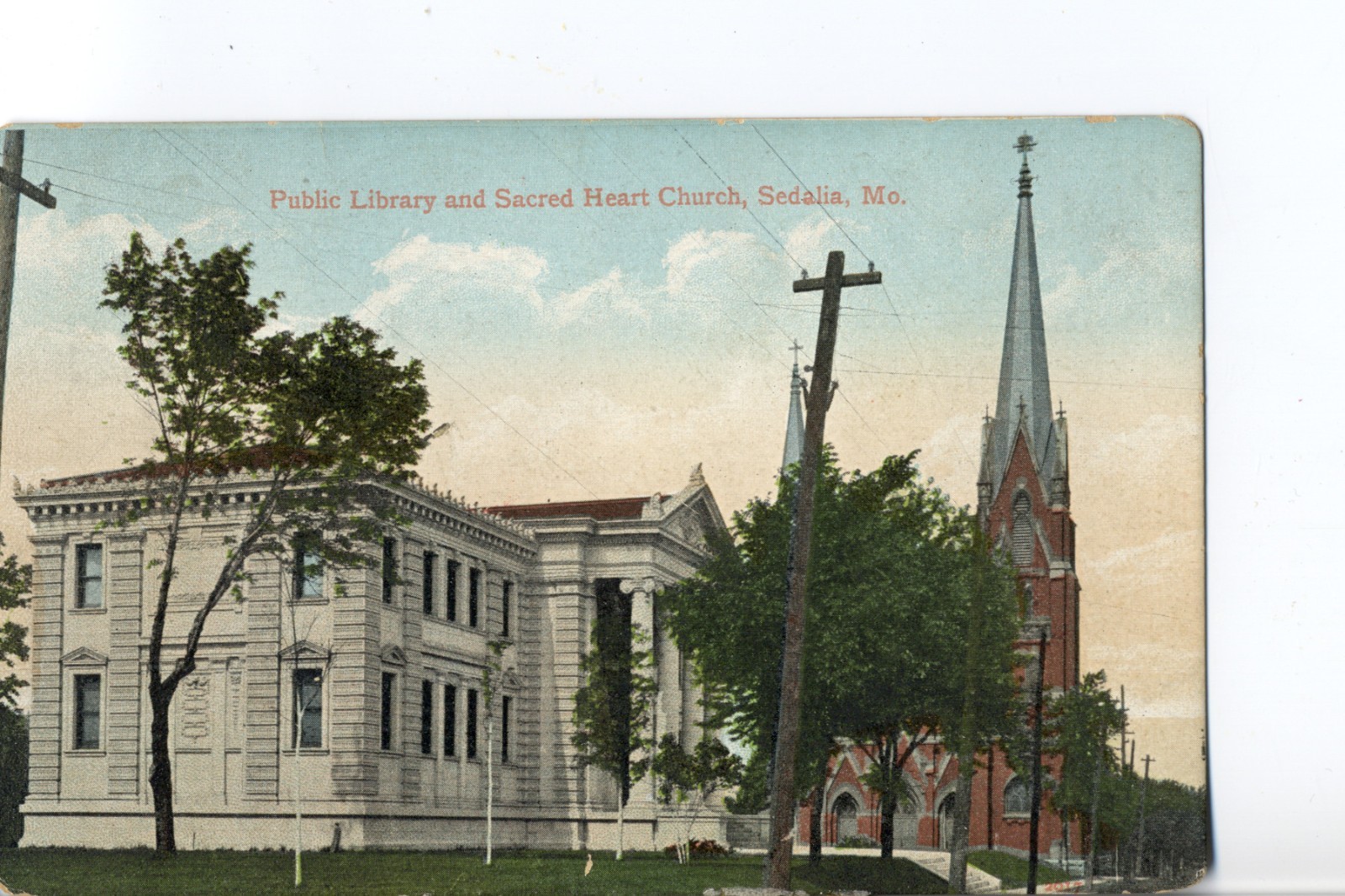 Public Library & Sacred Heart Church, Sedalia, Mo. Missouri Postcard. Undivided