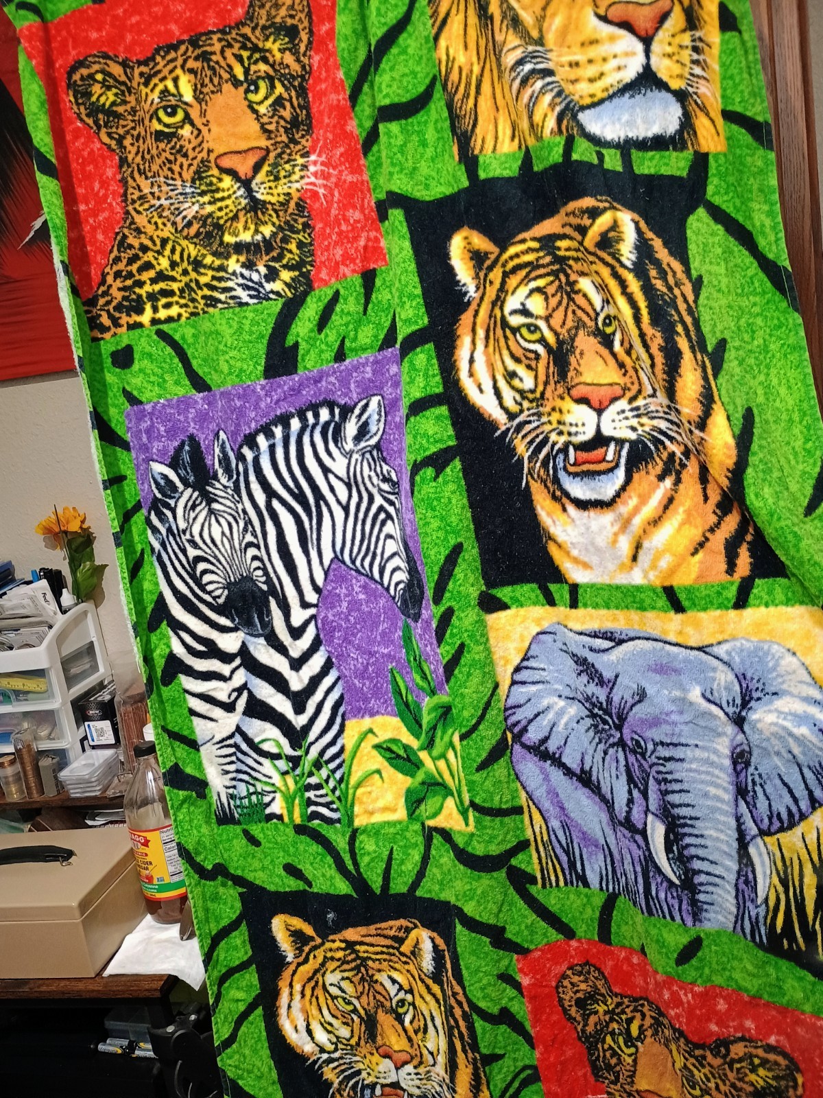 Vtg 90s Hilasal Safari Beach Towel Cotton Big Cat Tiger Leopard Elephant Zebra