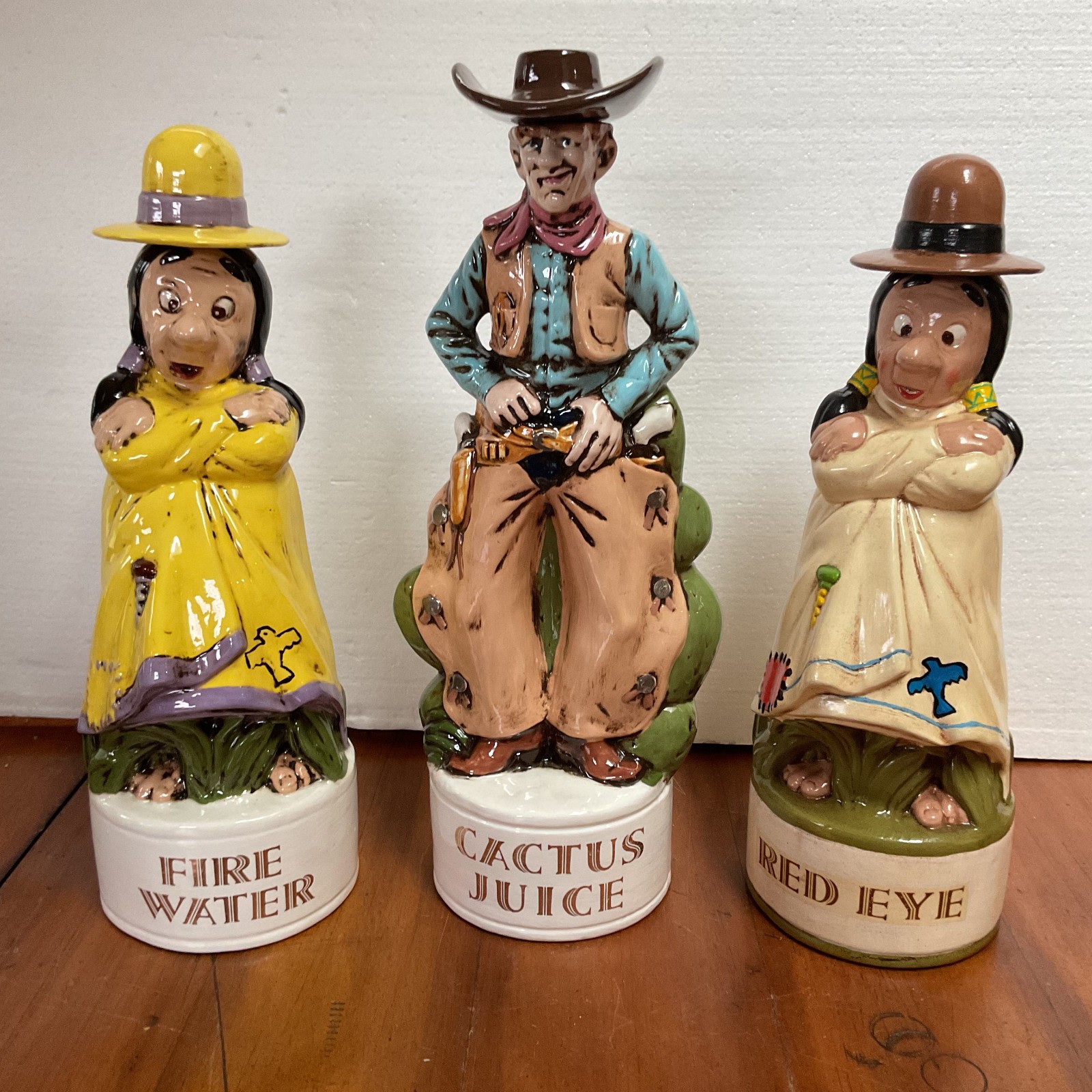 Vintage Cowboy Native American Ceramic Decanters Pair Alberta\'s Molds 1960s