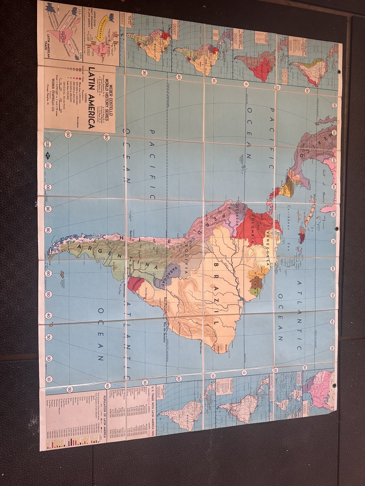 Vintage 1950s Weber Costello Reality Series Latin America Folding Map 64x59