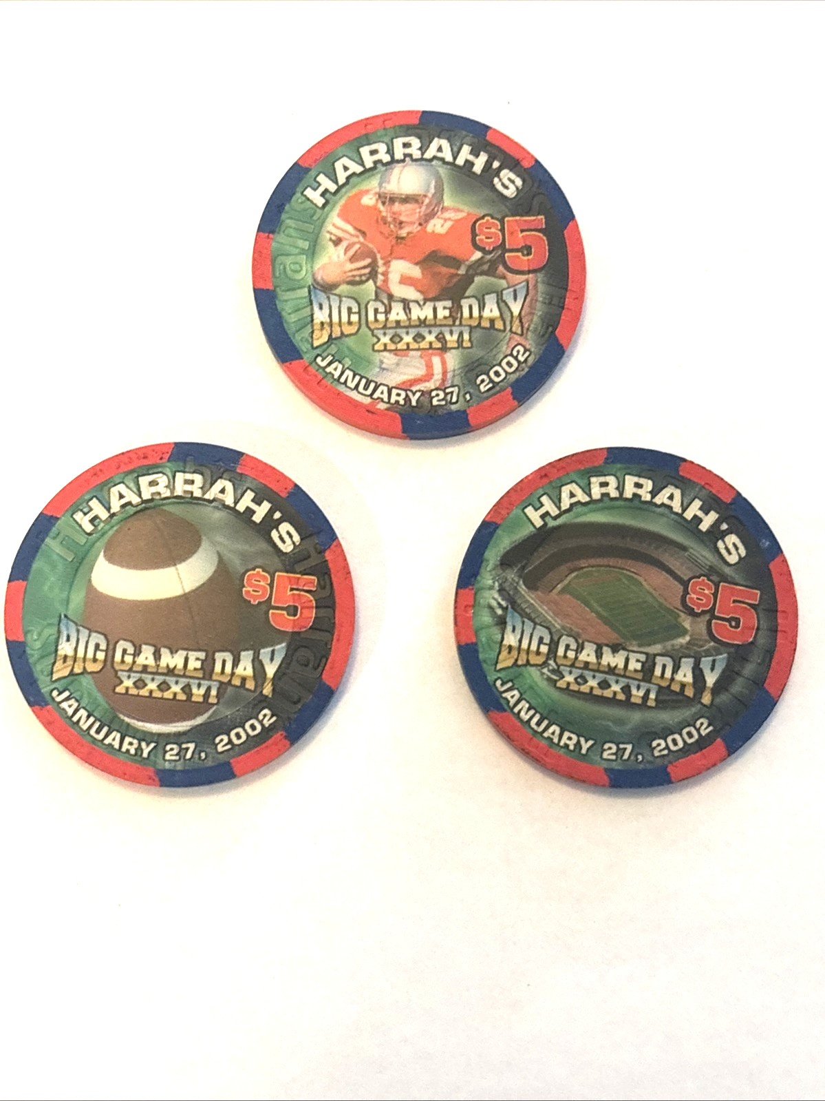 Harrah’s LV $5 Casino Chips Set of 3 - Big Game Day SB 36 Jan 27, 2002 LTD 1000