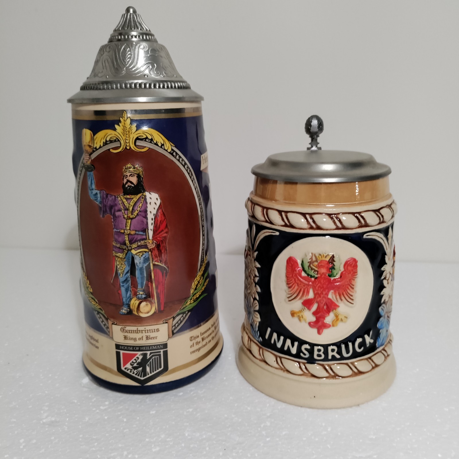 Two(2) Vintage Germany Innsbrunk And King Of Beer Lidded Hand Painted Stein Mugs