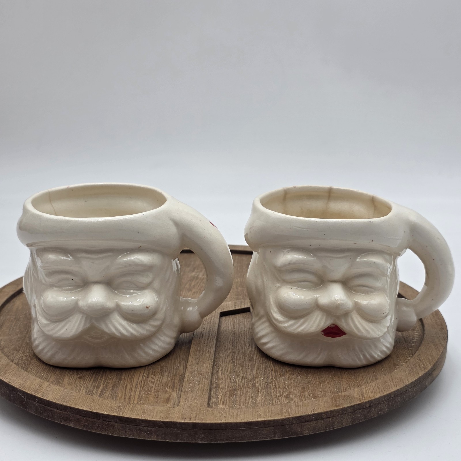 2 X Vintage Japan White Santa Claus Ceramic Mug Christmas Face Mug 3” DAMAGE
