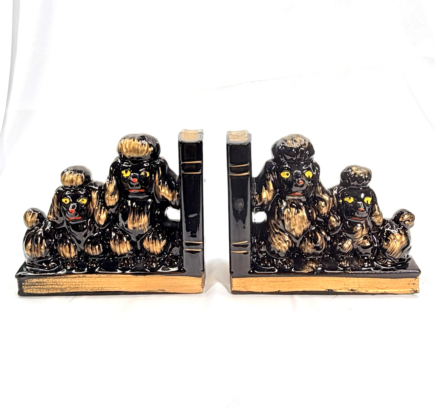 Set of 2 Vtg 1950's Red Ware Ceramic Black Gold Poodle Dogs Bookends Japan MCM