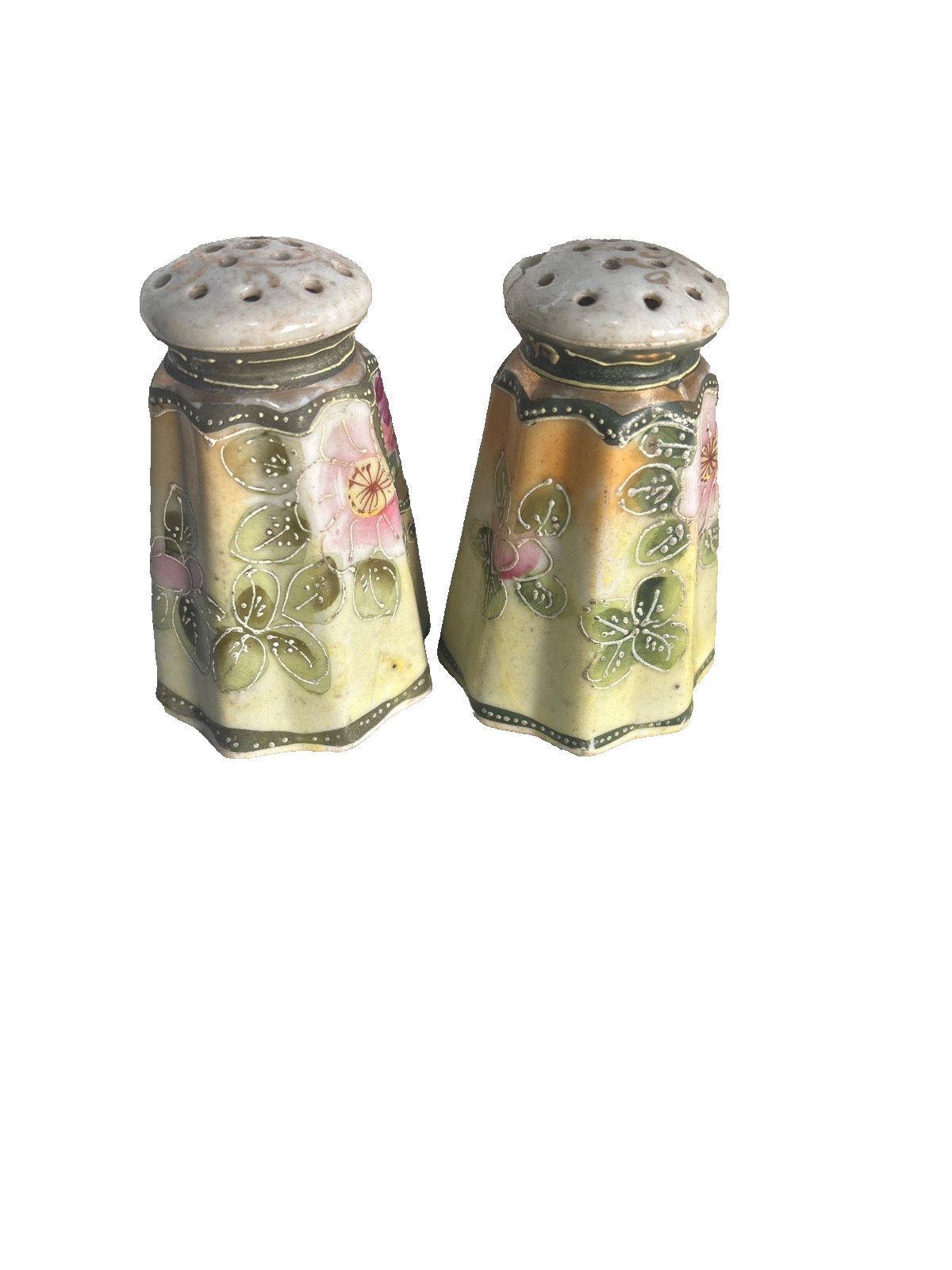 Vintage Nippon Hand Painted Porcelain Salt And Pepper Shakers Gold Landscape