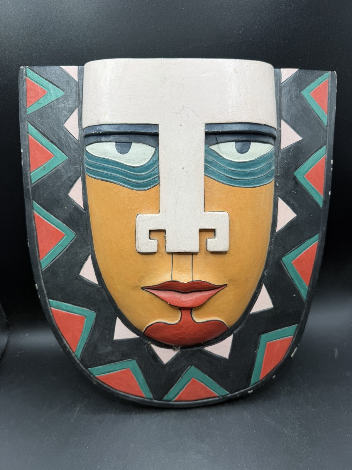 Vintage Hand Carved Painted Wood Wall Mask Geometric Mayan Inca Folk Art 12\