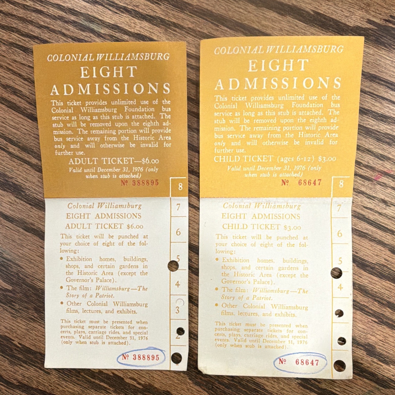 1976 Colonial Williamsburg Eight Admissions Tickets Adult Child Pair Vintage