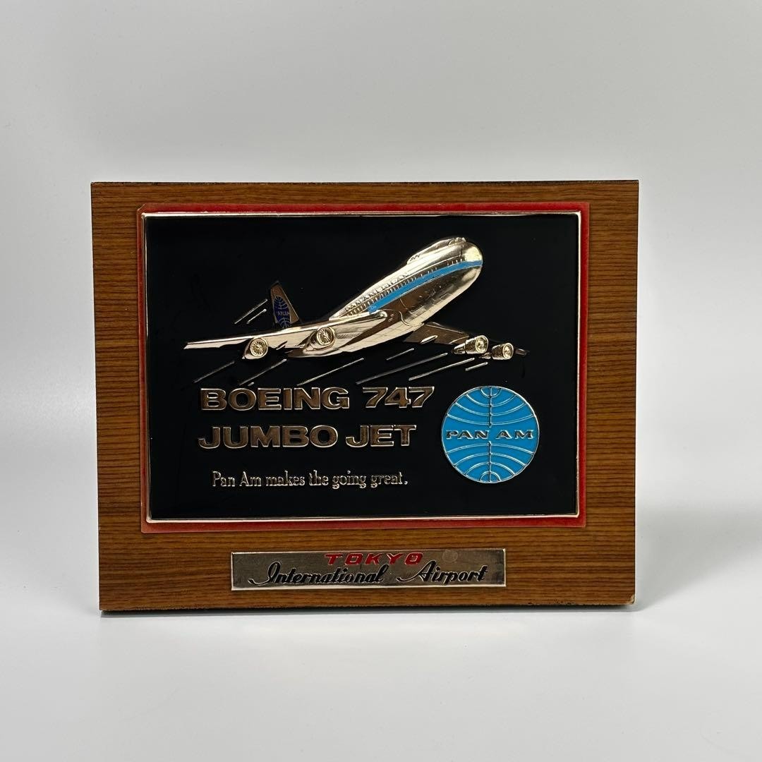 Vintage Pan Am Boeing 747 Jumbo Jet Souvenir Plaque Tokyo Haneda Airport 1970s