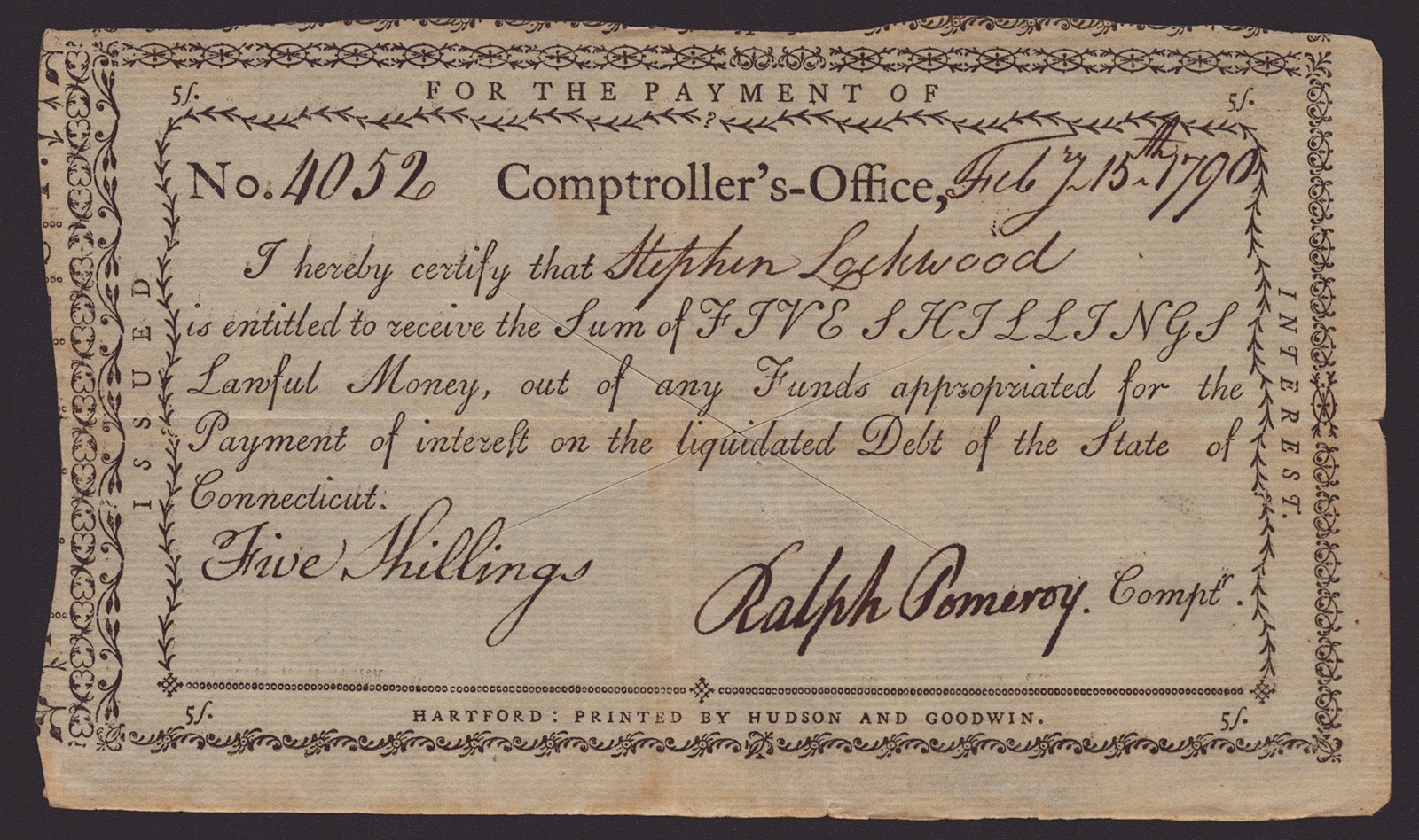 RALPH POMEROY - DOCUMENT SIGNED 02/15/1790