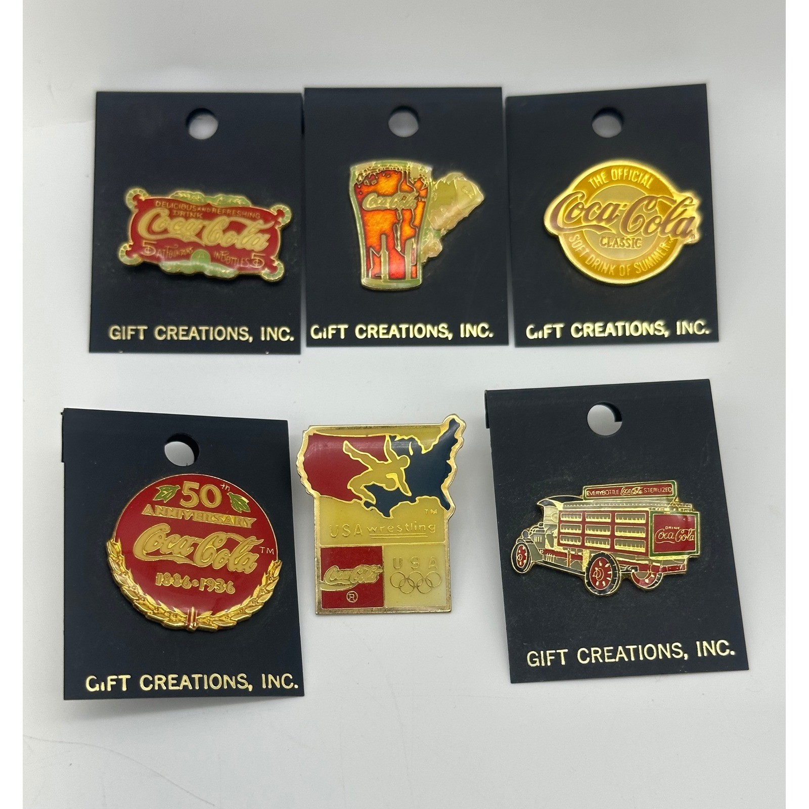 Vintage Coca-Cola Enamel Pin Lot 6 pc 50 Anniversary USA Olympic Wrestling Truck