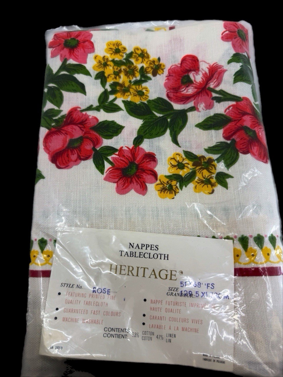 VTG 1970s Heritage Tablecloth 51x68 Cotton Linen Cottagecore Floral Poland NOS