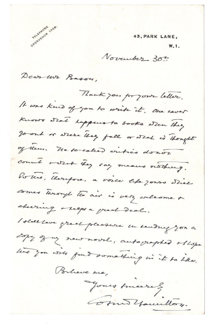 Cosmo Hamilton (1870-1942) Signed Letter Autographed Playwright, Writer