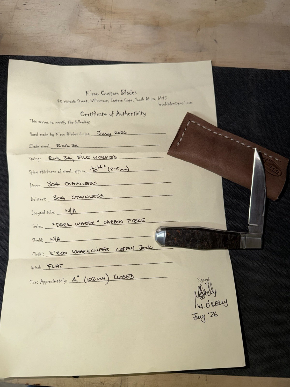 K'roo Custom Blades RWL 34 Coffin Jack Dark Water Carbon Fiber Handle