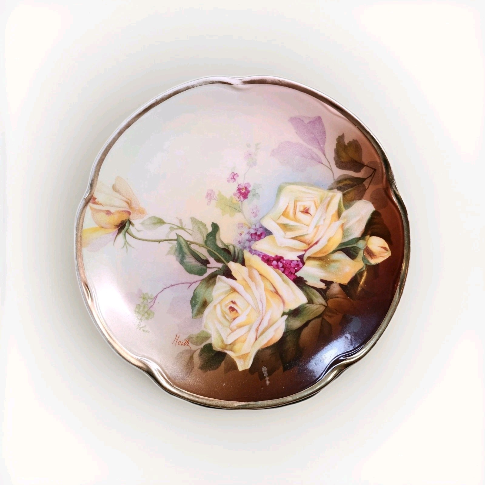 Vintage Jaeger & Co Yellow Rose Bavaria Handpainted Porcelain Plate signed Hoitz