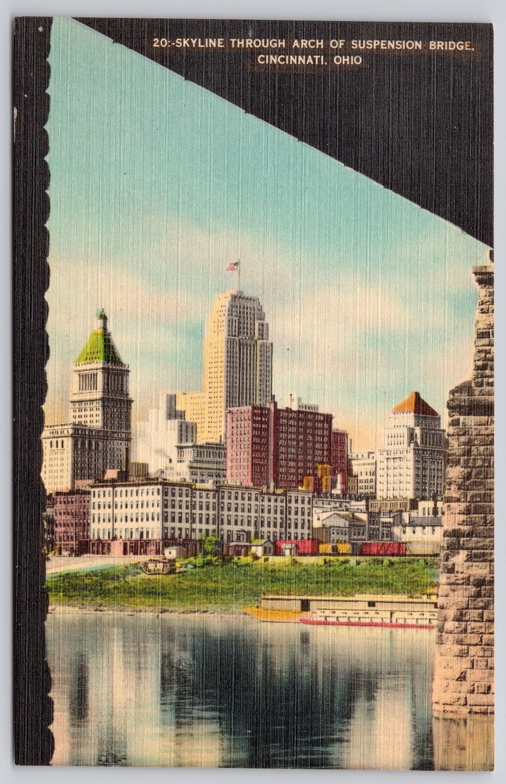 Cincinnati Ohio OH Skyline Through Suspension Bridge Arch Postcard c1930s