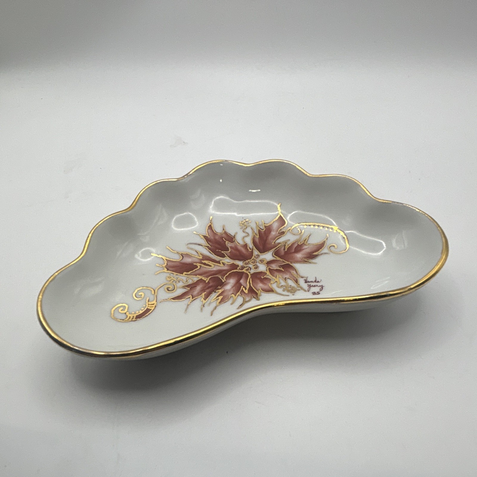 Vintage Hand Painted Porcelain Dish Pink Floral Gold Trim Signed Wanda Young