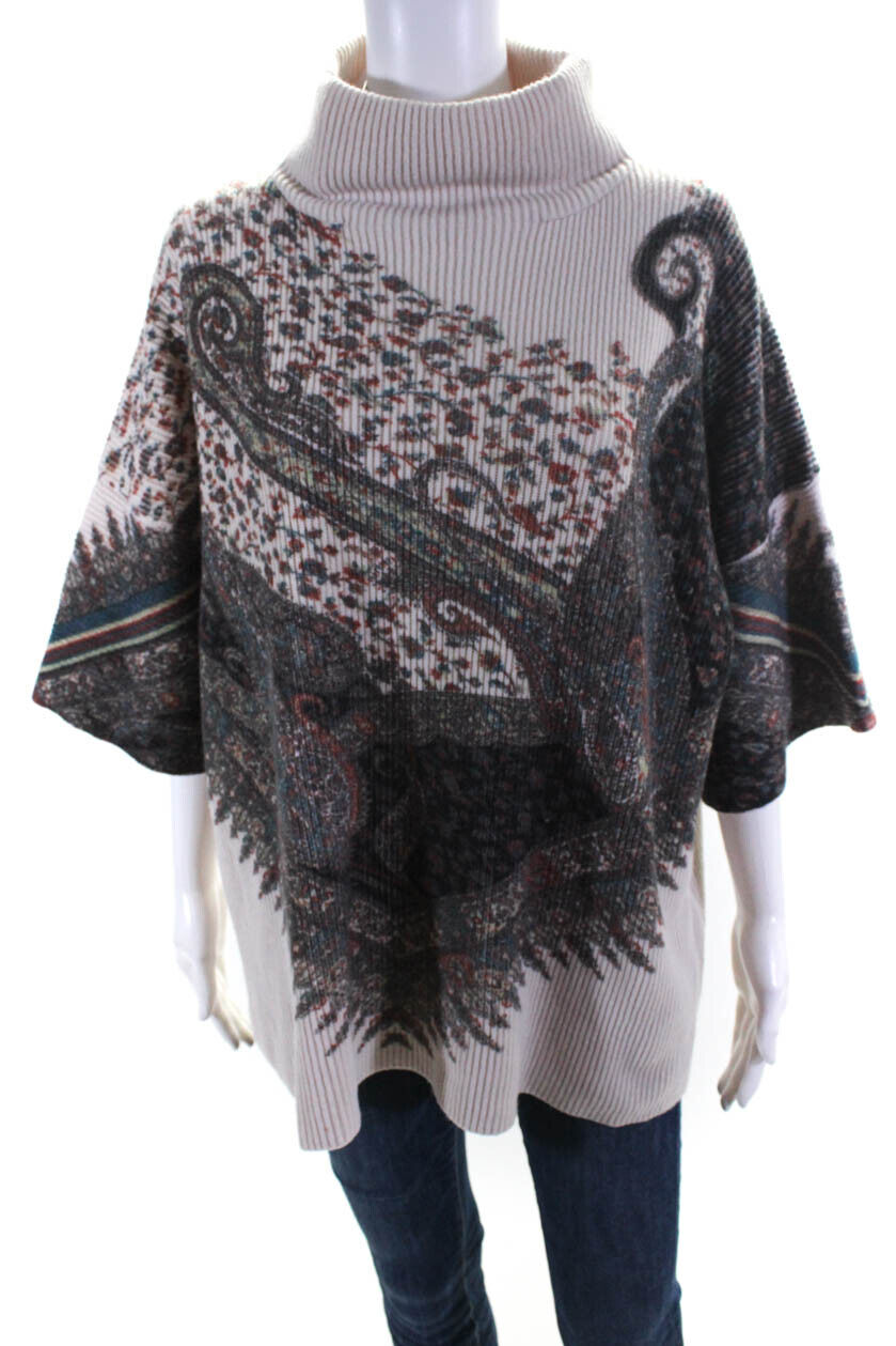 Etro Womens Wool Paisley Print Short Sleeve Turtleneck Knit Top Beige Size  44