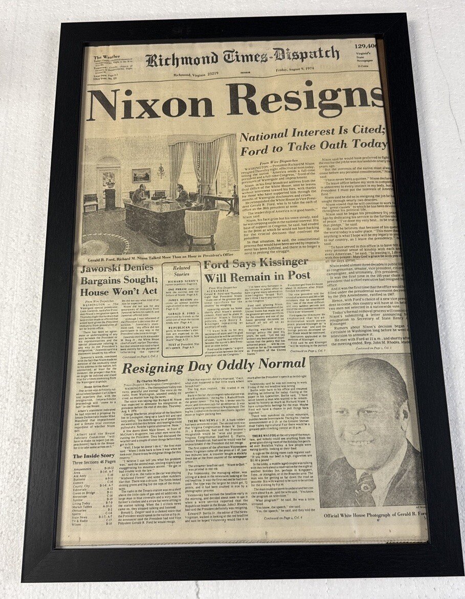 President Nixon RESIGNS Framed Richmond Times Dispatch NewsPaper August 9, 1974