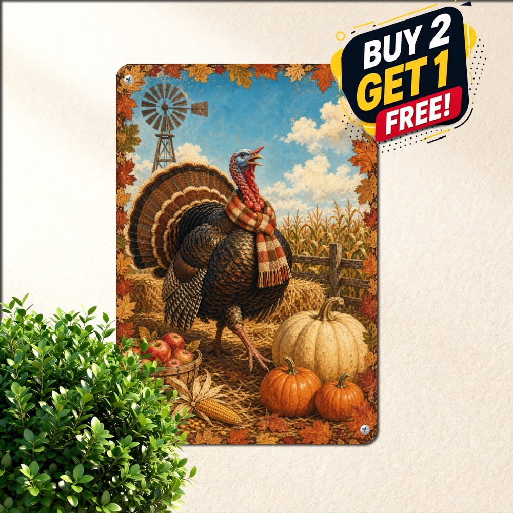 Rustic Thanksgiving Turkey Plaque Vintage Farmhouse Autumn Feast Tin Metal Sign