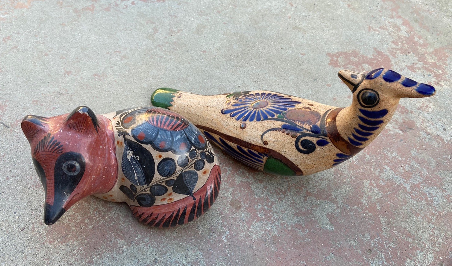Lot of 2 Vtg Tonala Pottery Figurine Fox/Cat Bird Mexican Folk Art Mexico Animal
