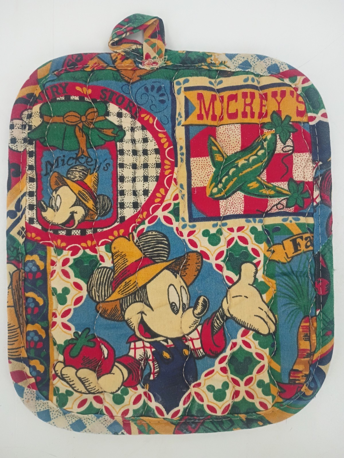 Vintage Farmer Mickey Disney Oven Pot Holder Quilted Patchwork Kitchen Rare 90s