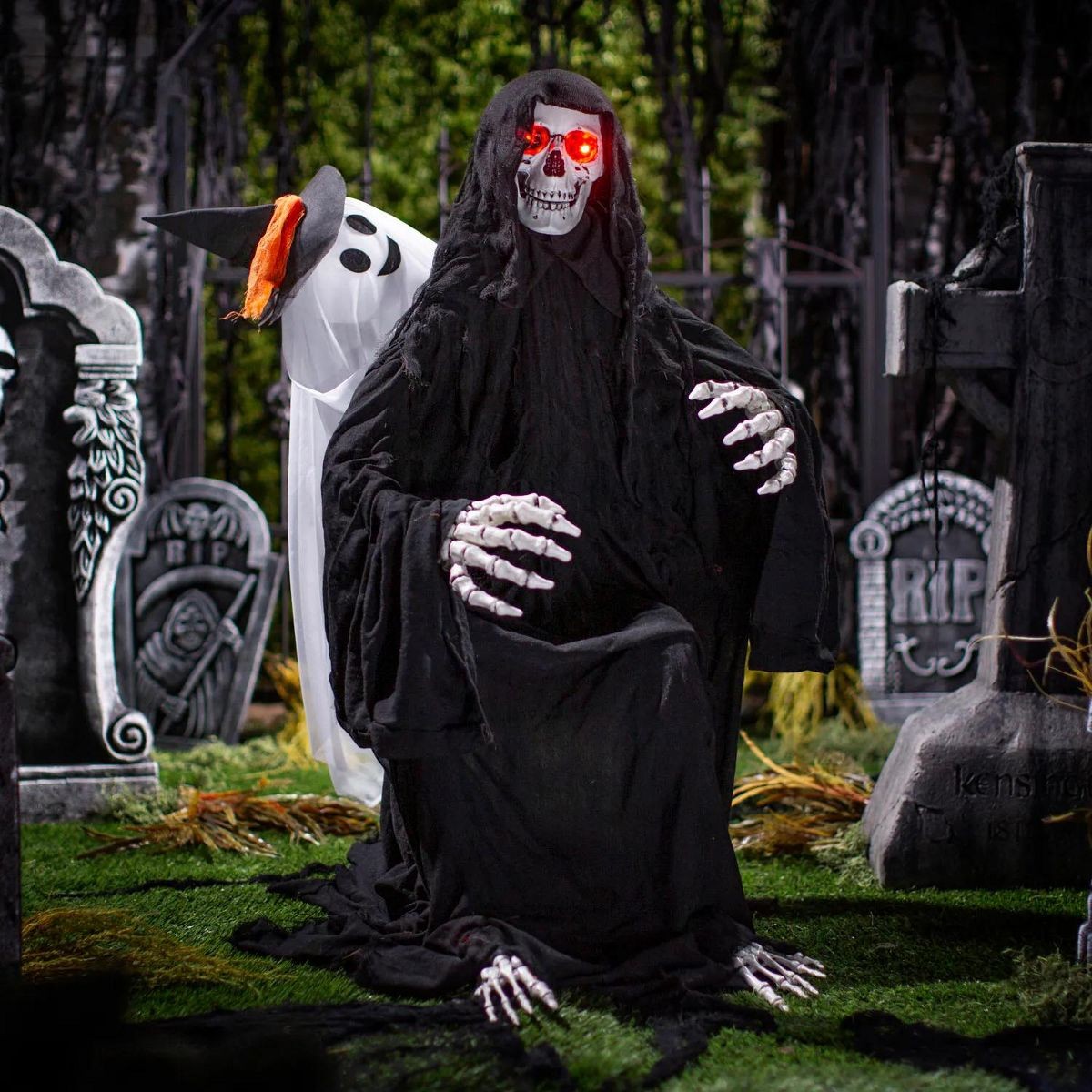 47-Inch Animated Hide & Seek Ghost with Light-Up Sitting Skeleton Reaper
