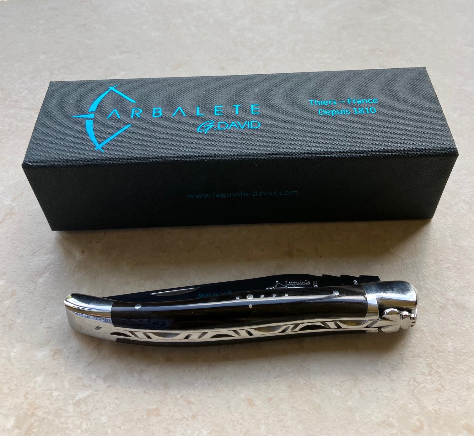 Arbalete Genes David, Stainless Steel, 4.8in, Folding Knife, Forged Buffalo Horn